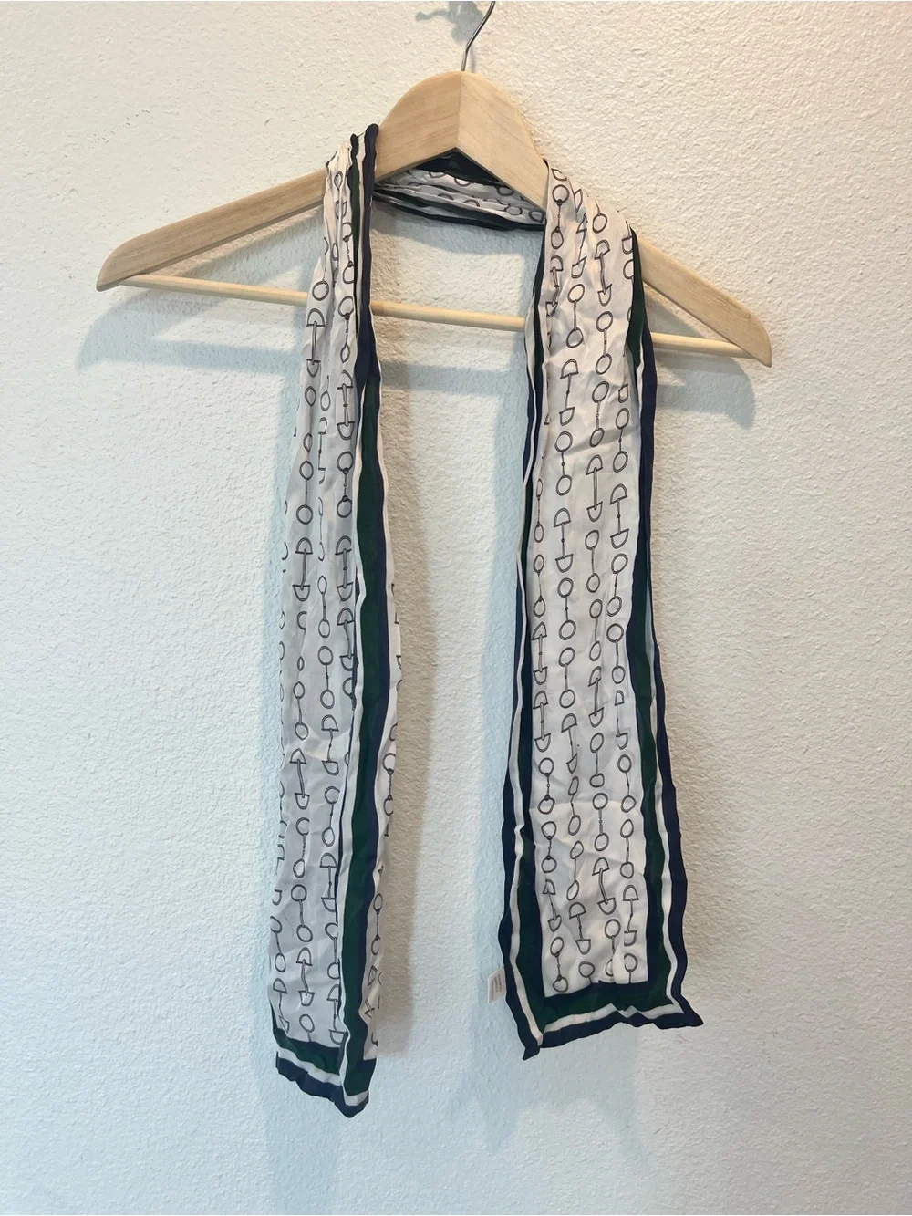 Equestrian Lightweight White Scarf with Navy &‎ Green Border silk